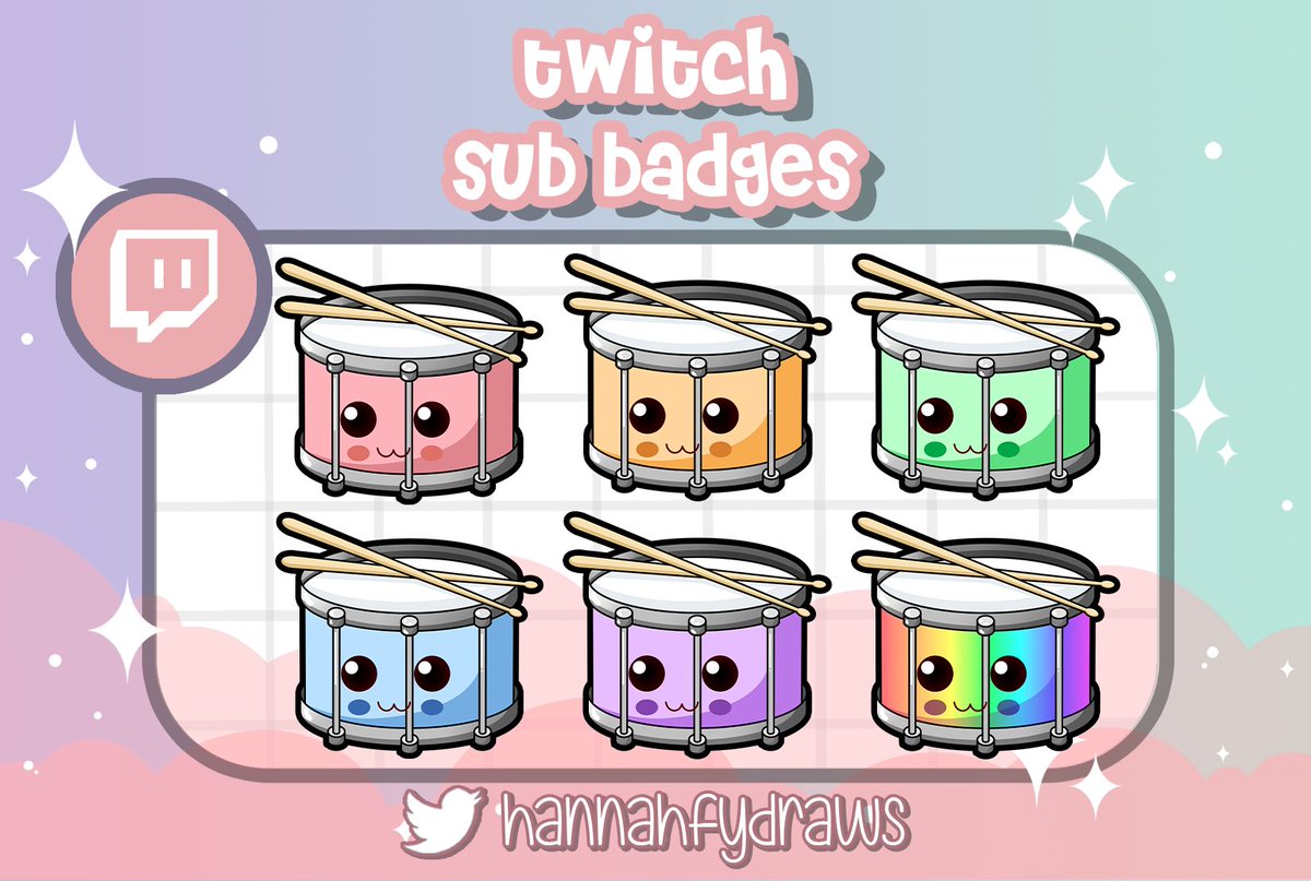 some drum badges for jess007 :D
My commissions are open, dm me if you need Twitch emotes or sub badges! 
#emoteartist #twitchemote #twitchbadges #subbadges #commissionsopen #Drum #Drumstick