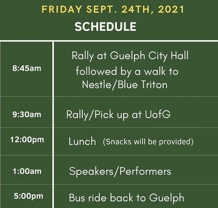 CJ_Guelph's tweet photo. MORE STRIKE DETAILS!
Please bring a mask, water bottle, lunch/extra snacks, posters and please stay home if you have symptoms of COVID. 
There will be a stop along the route at Marcolongo Farms for snacks and water refills! #GlobalClimateStrike https://t.co/2ufAnvkSxy
