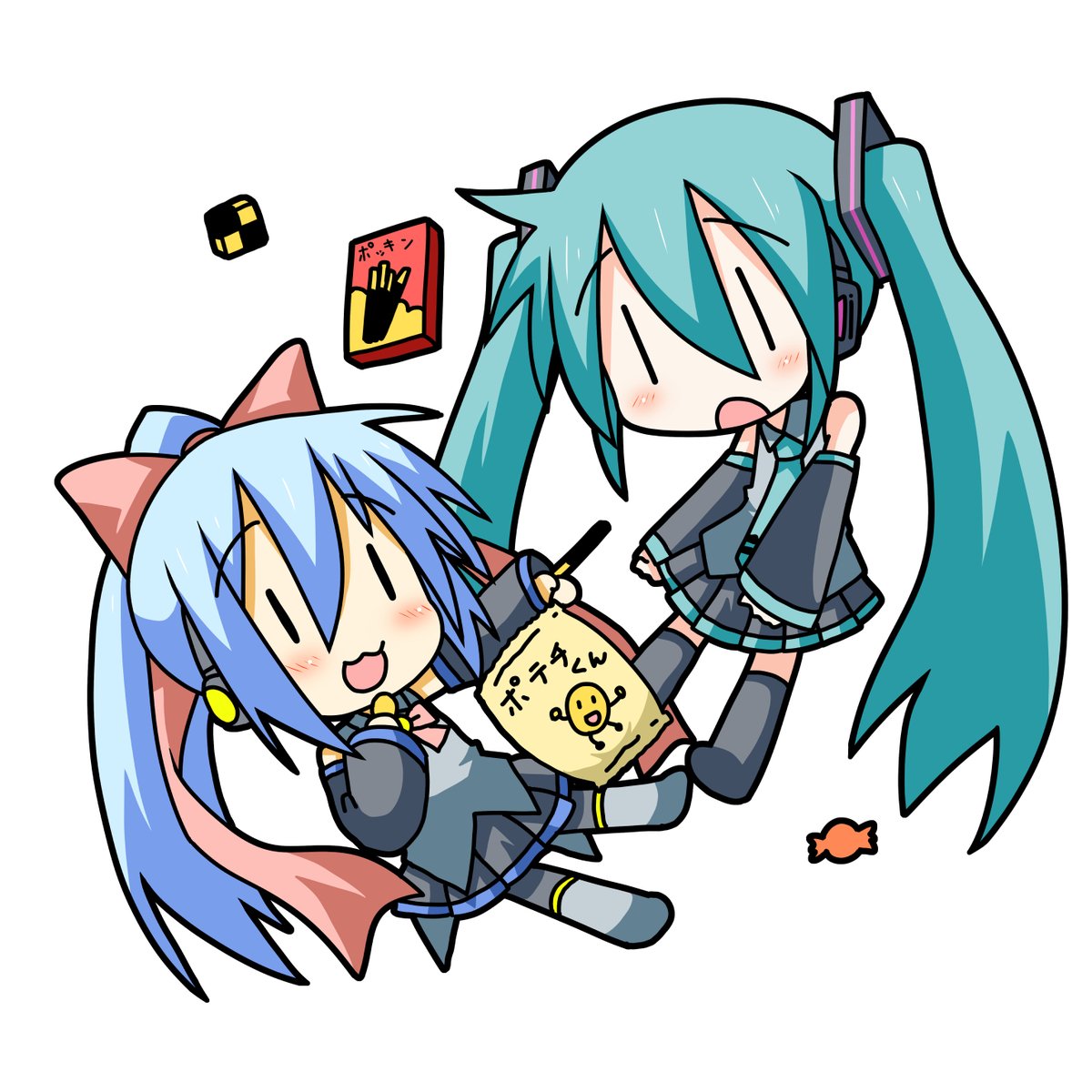 chibi miku ,hatsune miku ,kasane teto multiple girls shared scarf 2girls crossover shared clothes twintails scarf  illustration images