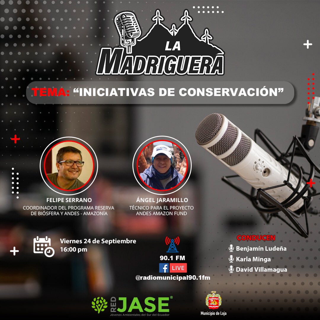 REDJASEec's tweet photo. 🎙𝐋𝐀 𝐌𝐀𝐃𝐑𝐈𝐆𝐔𝐄𝐑𝐀

Esta semana abordaremos el tema "Iniciativas de Conservacion", con el objetivo de conocer como se designan áreas para conservación, que parametros se toman en cuenta, como la ciudadania puede formar parte de estas iniciativas.

#LaMadriguera https://t.co/Mk20BKhc3Y