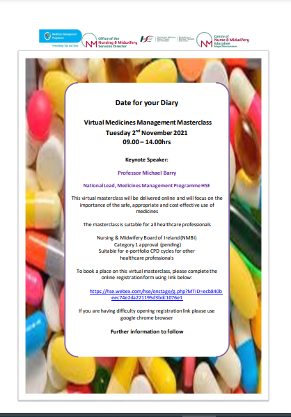 Date for your diary 👇
Virtual Medicines Management Masterclass 2nd Nov 2021 <a href="/NurMidONMSD/">ONMSD</a> <a href="/uccnursmid/">UCC School of Nursing & Midwifery 🌈</a> <a href="/CorkKerryCH/">Cork Kerry Community Healthcare</a> <a href="/Mercycork/">Mercy University Hospital Cork</a> <a href="/CUH_Cork/">Cork University Hospitals</a> <a href="/SIVUH/">South Infirmary Victoria University Hospital</a> <a href="/uhknursing/">UHKNURSING</a> <a href="/BGHsswhg/">Bantry General Hospital -SSWHG</a> <a href="/MGH37804255/">Mallow General Hospital</a>