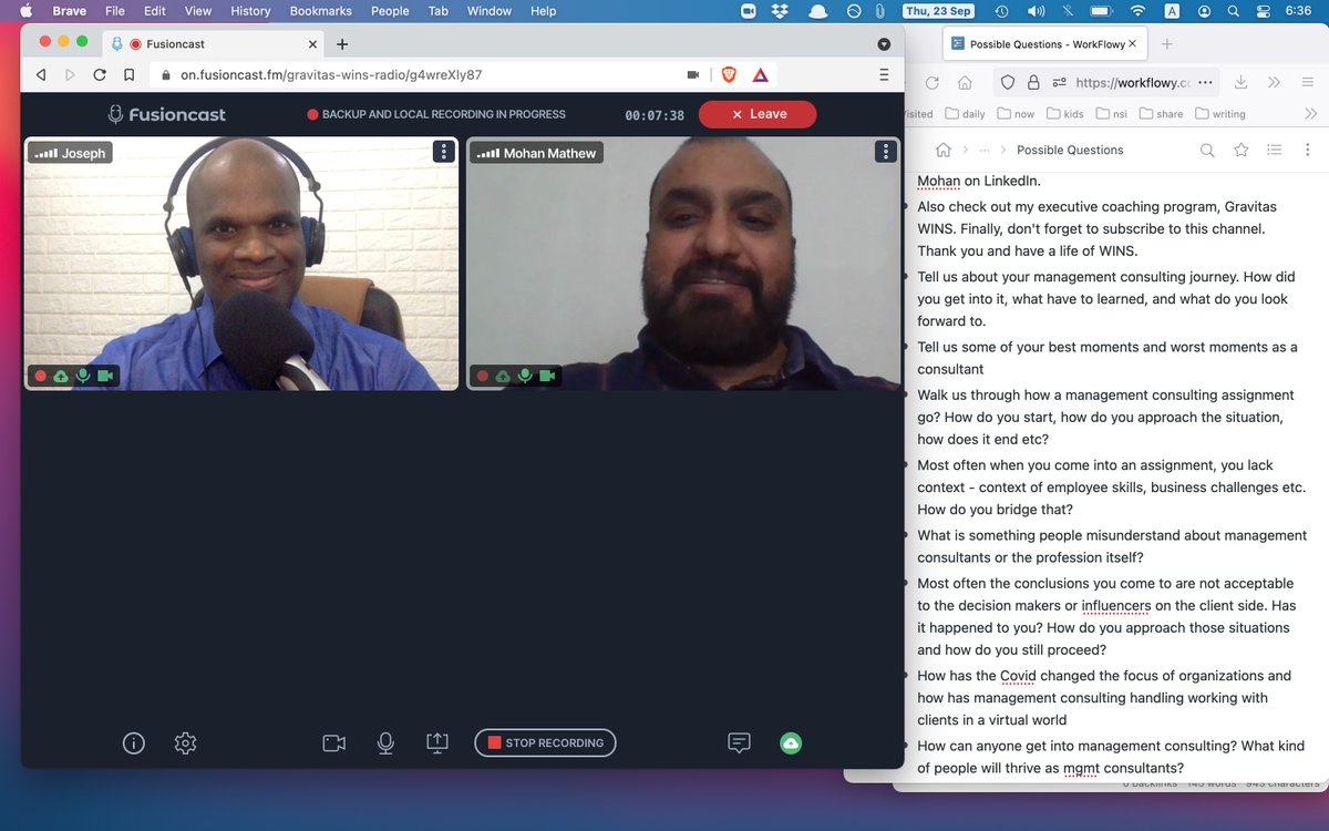 jjude's tweet image. Talked to my friend Mohan Mathew about management consultancy for @GravitasWins podcast.

His inputs shaped Gravitas WINS course and he continues to play active role in the community.

@WorkFlowy &amp;amp; @FusioncastFM have become dependable tools for interviews.

#podcastinterview