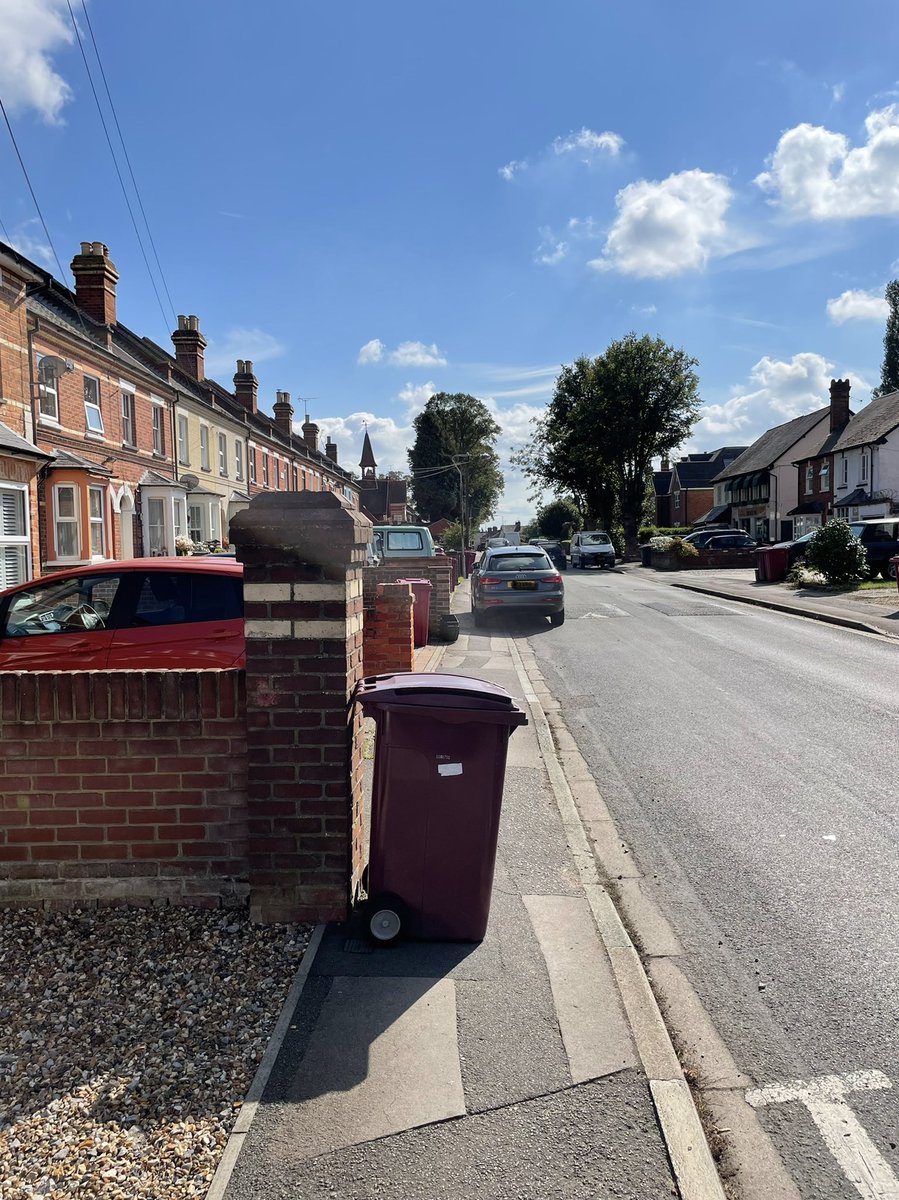 blind_backpack's tweet photo. Walked with the wife to get dog food yesterday. Didn’t use the cane as she guided me. All was well until we got here. A bin on one side &amp; a car on the other on a path only just wide enough for 2 people guiding was near impossible. Think people #Blindness #KeepFootpathsClear https://t.co/ihJQqGYh8W