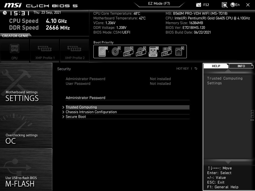 MSI B560M PRO-VDH WIFI で TPM2.0 を有効にする手順。 UEFI BIOS