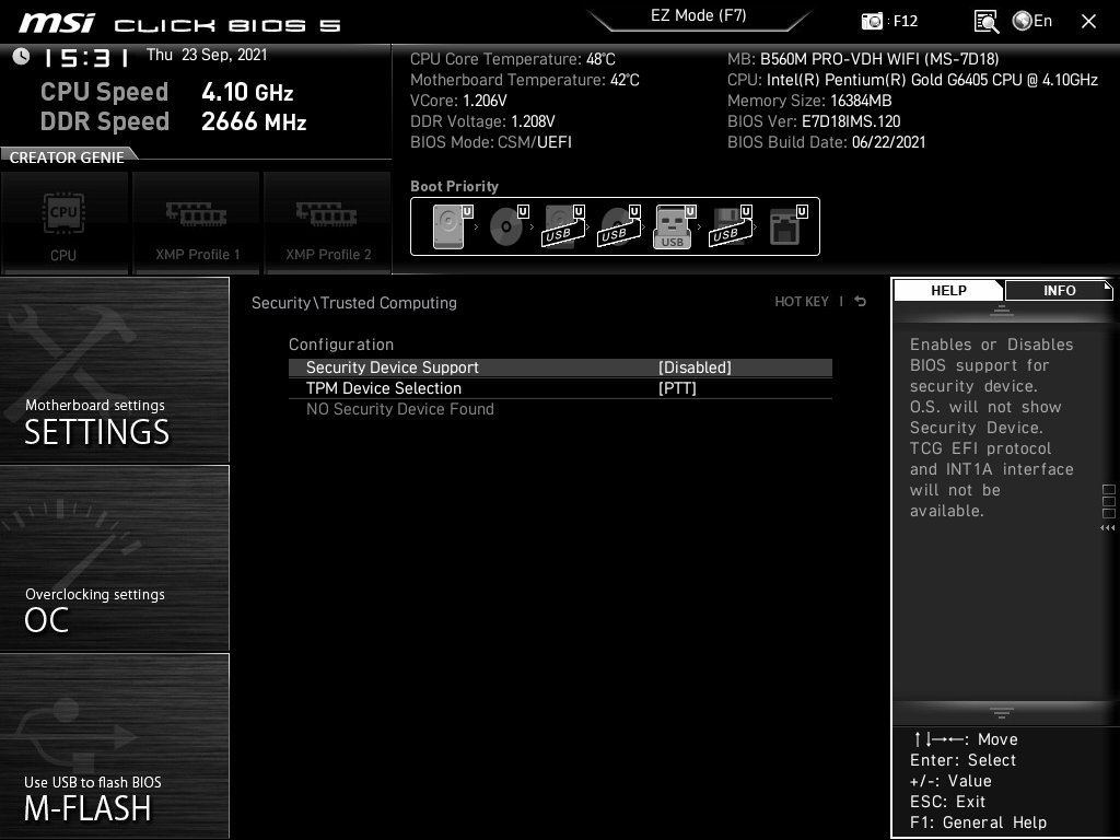 MSI B560M PRO-VDH WIFI で TPM2.0 を有効にする手順。 UEFI BIOS
