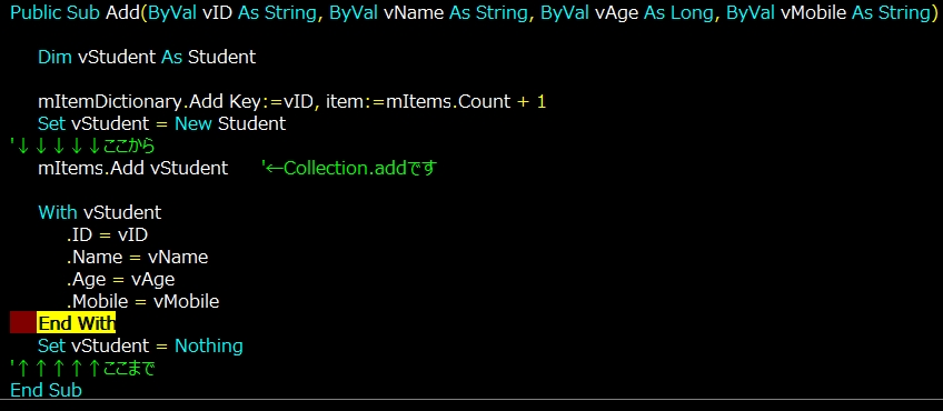 LoverExcel's tweet image. 某書の写経です。
このコードでCollectionに追加した「Studentクラス」の中身が更新されて、「Studentクラス」を破棄した時にCollectionに追加した「Studentクラス」は影響を受けないことが両立するのでしょうか?
mItems.Add vStudentがEnd with下なら自分的には納得できるのですが。
#助けてVBA