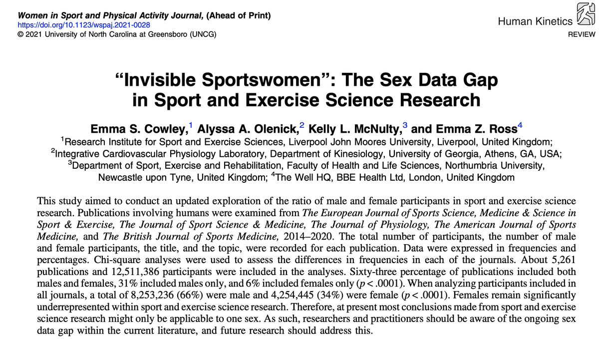 1/7 🚨New Publication <a href="/Human_Kinetics/">Human Kinetics</a> <a href="/WSPAJ/">Women in Sport & Physical Activity Journal</a> 🚨
doi.org/10.1123/wspaj.…

<a href="/kellymcnulty/">Kelly McNulty</a> <a href="/ezross/">Emma Ross</a> @lyssfitness and I investigated the sex data gap in sport and exercise science. 

🟣 >12,000,000 participants
🟣 > 5,000 publications
🟣 6 journals
🟣 2014 to 2020

⬇️ Results!