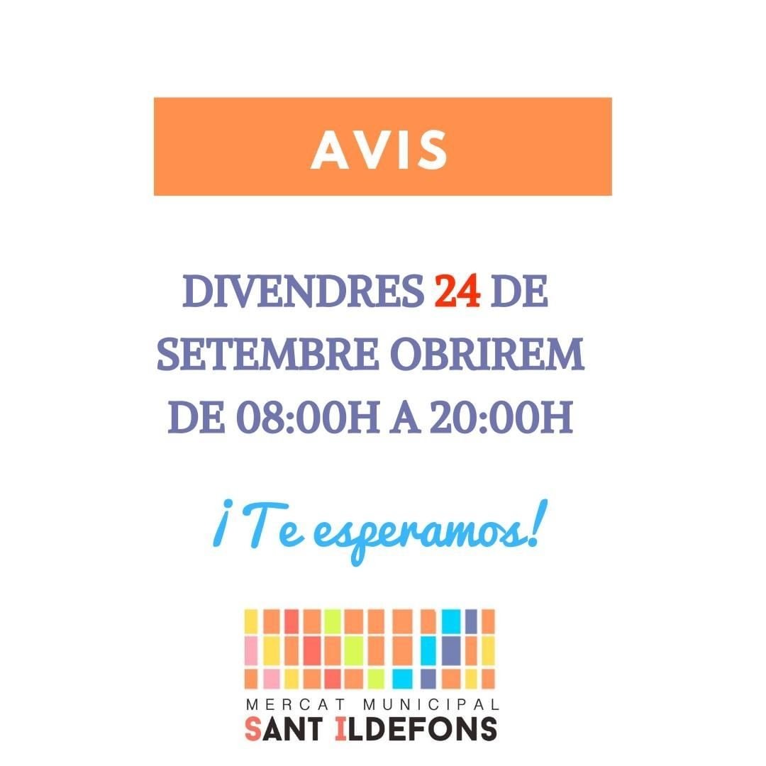 ‼️ATENCIÓ : Divendres 24.09.2021 obrirem de 8am a 8pm @QFerACornella
#mercatdesantildefons #mercat #mercado #santildefons #sanildefonso  #mercadodesanildefonso
 #barri  #cornella #cornelladellobregat