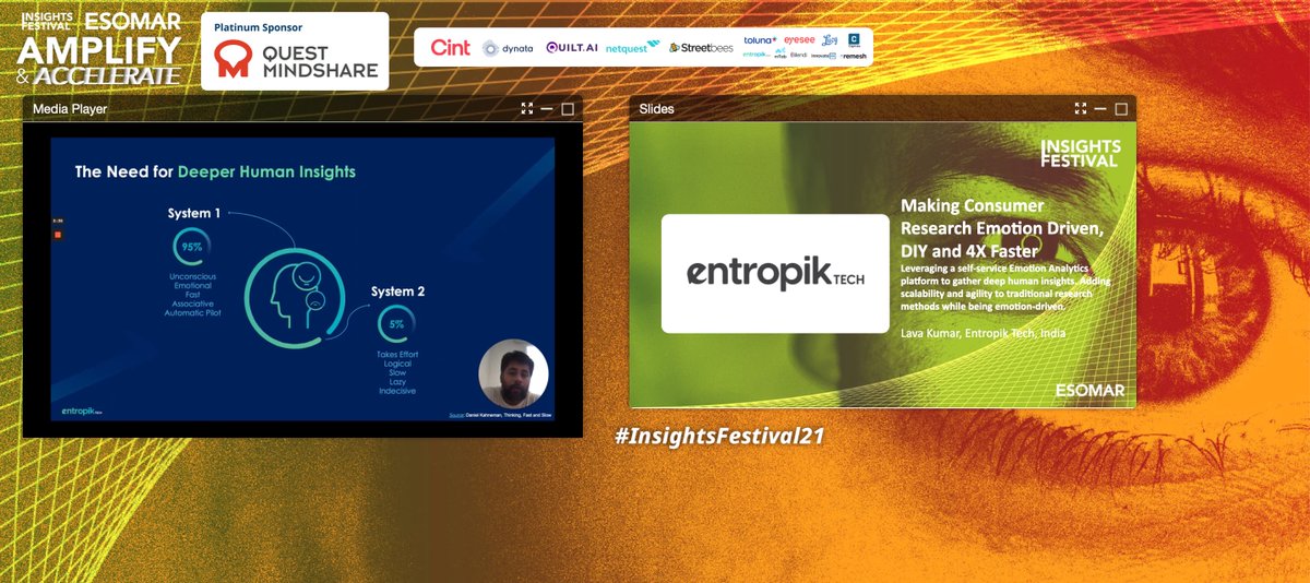 entropik_io's tweet photo. We are honored to be a part of the @ESOMAR's #InsightsFestival21, where #LavaKumar shared how brands can augment their consumer research using @entropiktech #EmotionAI technologies - #FacialCoding & #EyeTracking.
@ProductRambler @rkambastha @_bharatss
#EntropikTech #FutureofAI https://t.co/80nLwlMBAd
