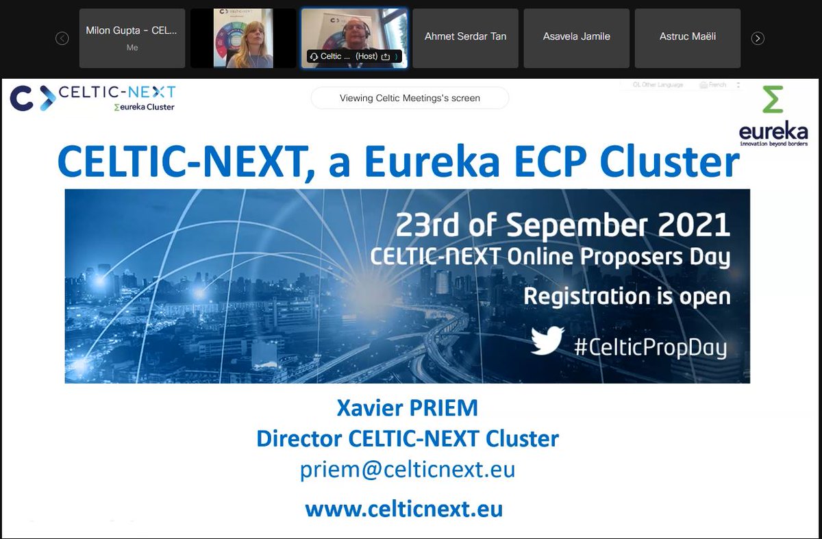 CelticNext's tweet photo. The CELTIC Online Proposers Day has just started with CELTIC Office Director Xavier Priem presenting the CELTIC-NEXT Eureka Cluster
https://t.co/fXvUnuxBzQ
#CelticPropDay #EurekaClusters #NextGenerationCommunications #ICT @EUREKA_NETWORK https://t.co/SW1jCNa1zP