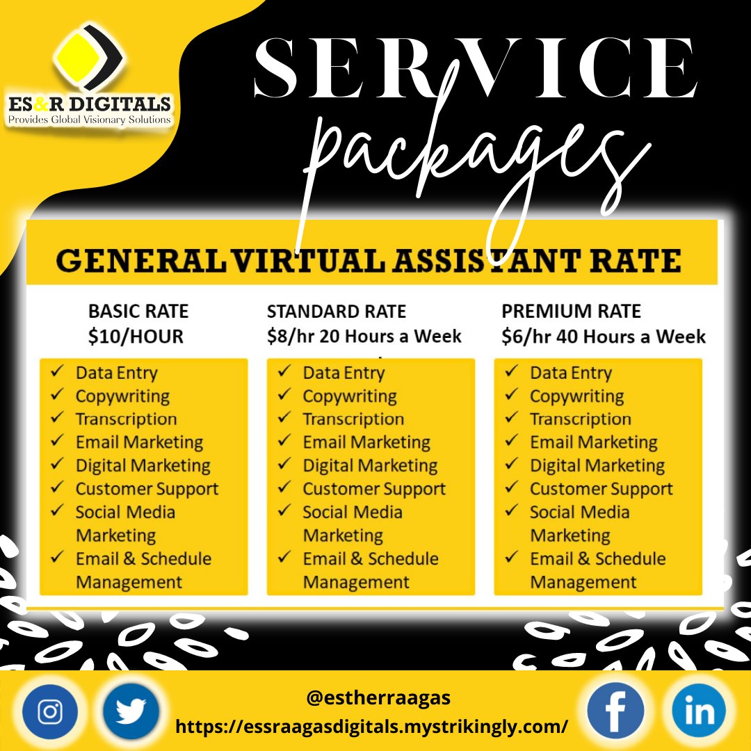 EstherRaagas's tweet photo. 😊I offer these services packages to help your business flourish&amp;to give you more time to relax&amp;focus on your personal life
#esraagas
#esRdigitals
#socialmedias 
#servicerate
#VArate
Avail now to my service packages!
✔️Book an appointment at Calendly https://t.co/UIAN2WTuR9 https://t.co/xk5I84DIHl