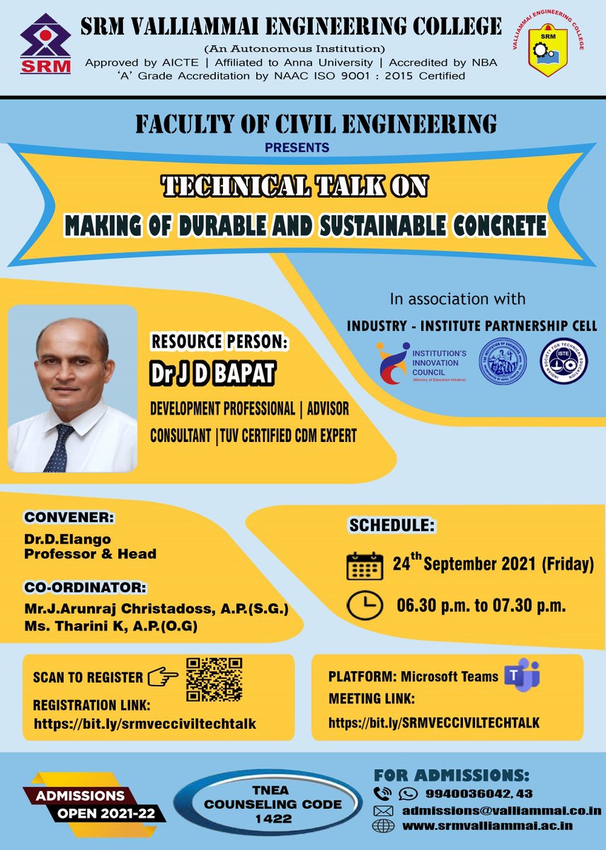 Welcome to join me for the webinar, on 24 September, 6.30 PM (Indian ST). Details given in the Poster. Registration Link: bit.ly/srmvecciviltec…
Meeting Link: bit.ly/SRMVECCIVILTEC…
#cement #concrete #construction