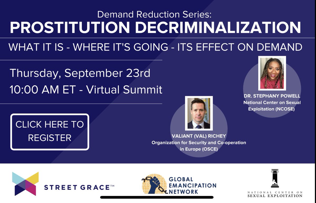 Be sure to join us tomorrow with <a href="/StreetGrace/">Street Grace</a> for this crucial talk on demand with Valiant Richey and Dr. Powell! classy.org/event/prostitu… #HumanTrafficking #demand #decriminalization