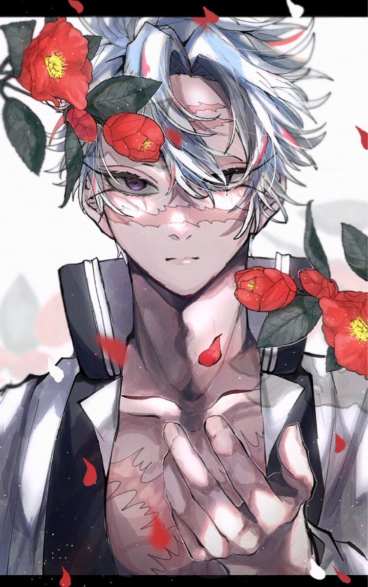 1boy male focus scar solo flower scar on face petals  illustration images