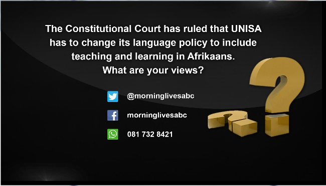 MorningLiveSABC's tweet photo. The Constitutional Court has ruled that UNISA has to change its language policy to include teaching and learning in Afrikaans. What are your views?
@SakinaKamwendo 
@LeanneManas 
#MorningLivesabc https://t.co/TYsn5EXWP1