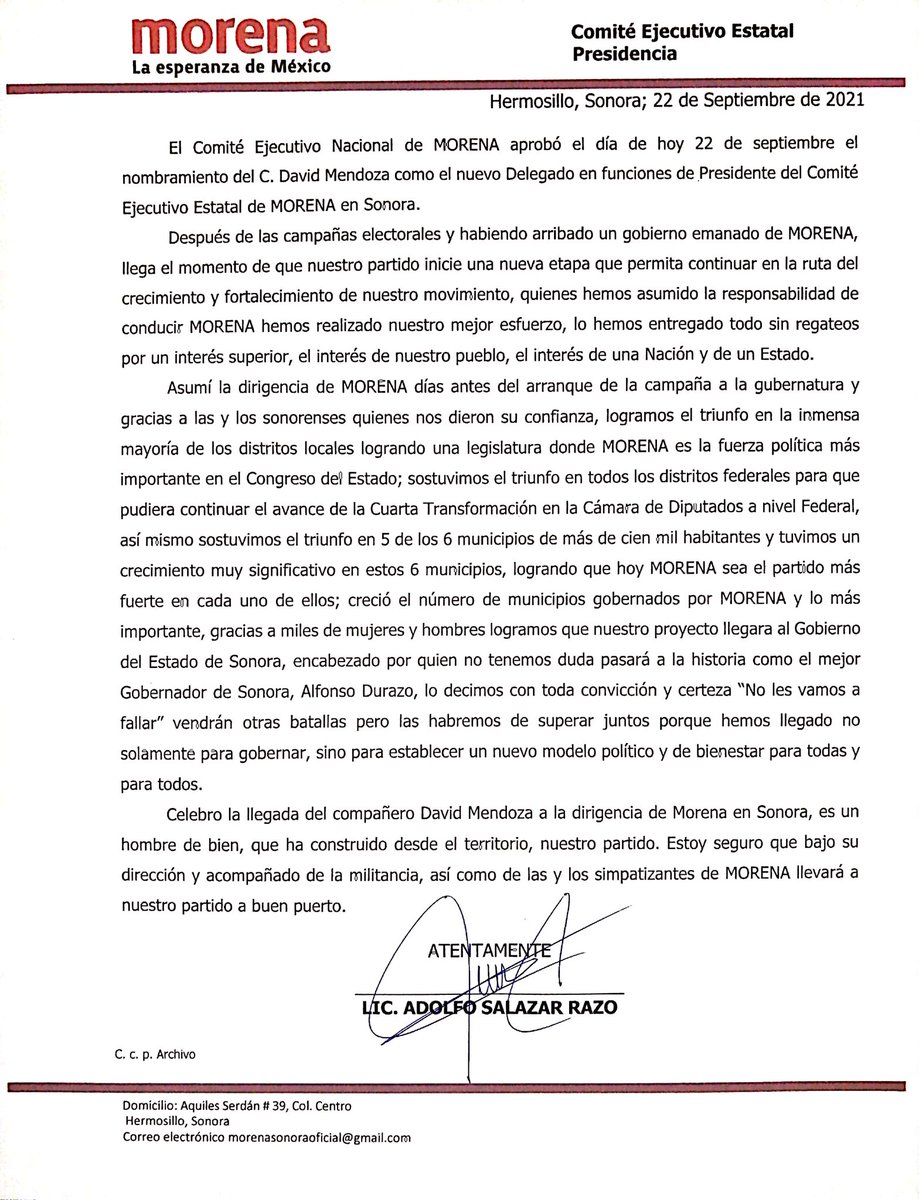 AdolfoSalazar_'s tweet photo. Agradezco mucho la oportunidad que me dió mi partido de poder dirigir a MORENA en Sonora, es tiempo de una nueva etapa en la cual estará al frente nuestro compañero David Mendoza, sin duda hará un extraordinario trabajo a favor de nuestro movimiento. https://t.co/85PiB8Px9w