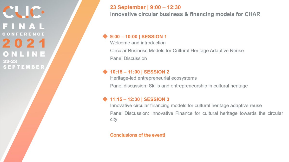 CLIC_EU's tweet photo. ๐ธGood morning and #welcome to the second & last day of the #CLICFinalConference!
Join here ๐๐ https://t.co/XSo8Qr3zrT
#H2020 #InvestEUresearch #EuropeForCulture #CircularEconomy #adaptivereuse #culturalheritage #culturalIdentity #Circularisbetter #AbandonedHeritage https://t.co/zOgrz3fBbN