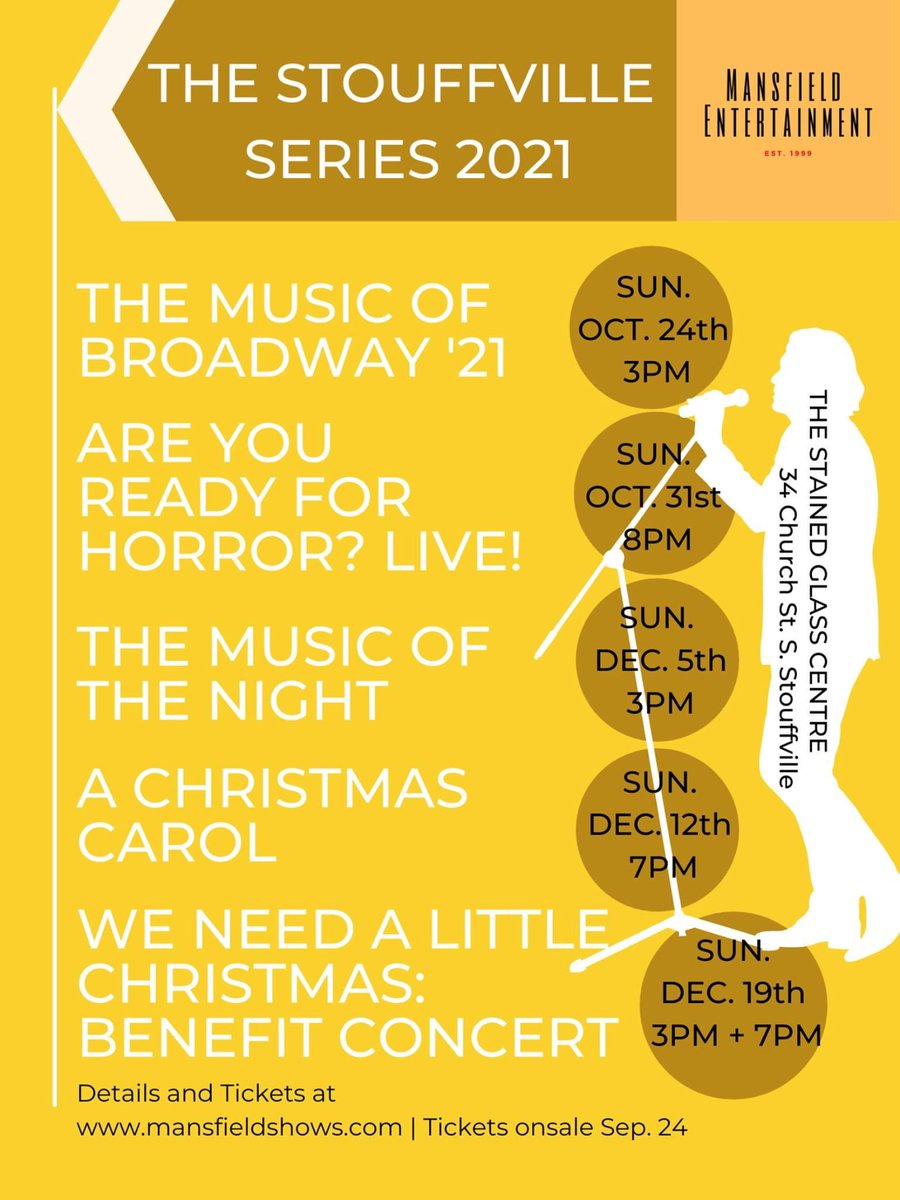 SGC_PA's tweet photo. We are offering our first series of performances -Mansfield Entertainment (@StouffvilleUC) 34 Church Street North.
Tickets will go on sale starting September 24th @ https://t.co/x1jeS6LZc8  #TheStouffvilleSeries #StainedGlassCentre_PerformingArts 
#MansfieldEntertainment https://t.co/XokpP7akss
