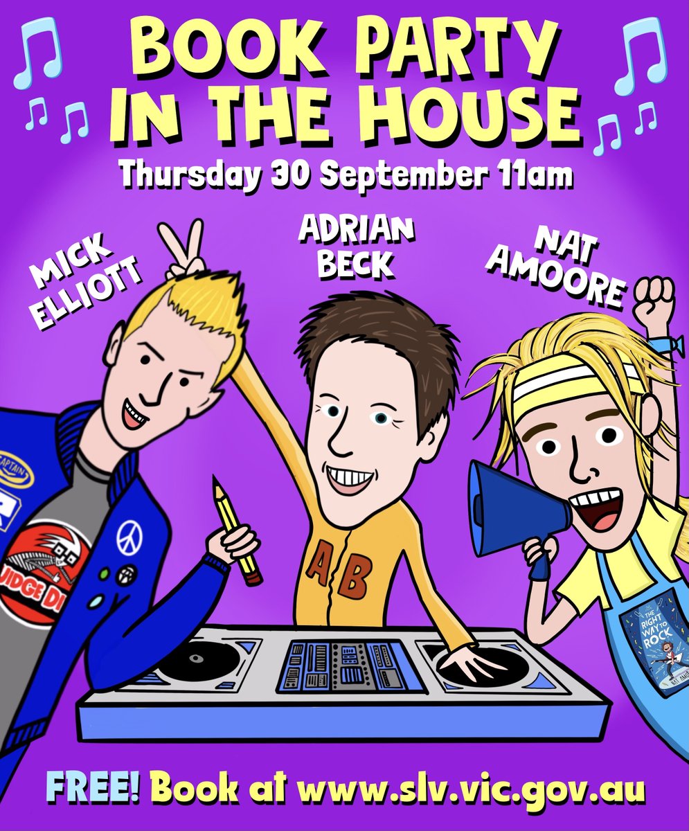 ✋ Raise your hand if you're a fan of dad jokes, dancing and drawing!
Join <a href="/nat_amoore/">Nat Amoore 🤪</a>, <a href="/TheMickElliott/">Mick Elliott</a>, <a href="/AdrianBeckBooks/">Adrian Beck</a> &amp; <a href="/Library_Vic/">State Library Vic</a> on September 30 for Book Party in the house, an event that combines all three.

🔗 Tickets: bit.ly/2XJxlaz