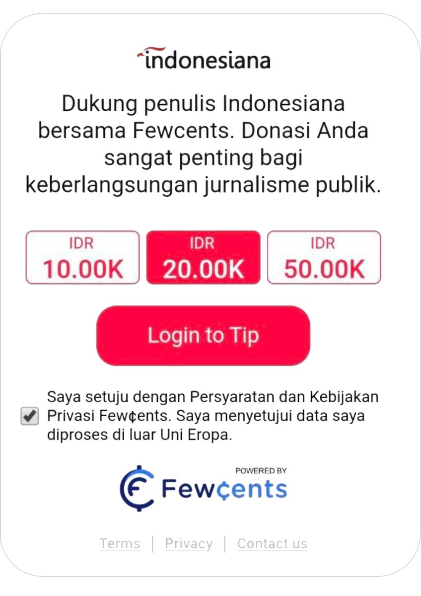 We’re thrilled to announce that <a href="/indonesiana/">indonesiana</a> has now gone live with <a href="/fewcents/">Fewcents</a>! 
With <a href="/fewcents/">Fewcents</a>, <a href="/indonesiana/">indonesiana</a> (part of <a href="/tempodotco/">tempo.co</a>) will enable its audiences to support its community of writers for their quality content, and enable its writers to earn more through reader revenue.