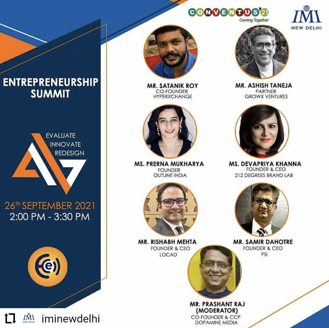 ECell_IMI's tweet photo. The intriguing discussions with esteemed panel members will take place during The Entrepreneurship Summit of Conventus’21, on 26th September 2021.

#EntrepreneurshipSummit
#Conventus21
#EIR
#ComingTogether
#LifeAtIMI
#IMINewDelhi https://t.co/9KDcABkZD0