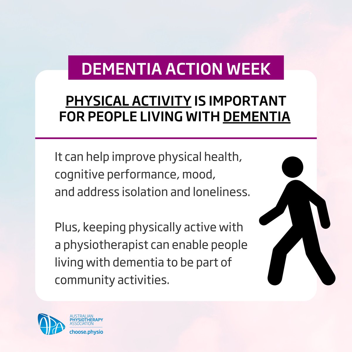 apaphysio's tweet photo. Physical activity provides a wealth of goodness to everyone, and for people living with dementia, there are many benefits. Interested in learning more? Take a listen to this Talking Physio podcast episode: https://t.co/jCAZIIfry7 #DementiaActionWeek https://t.co/BgHxMfNXiJ