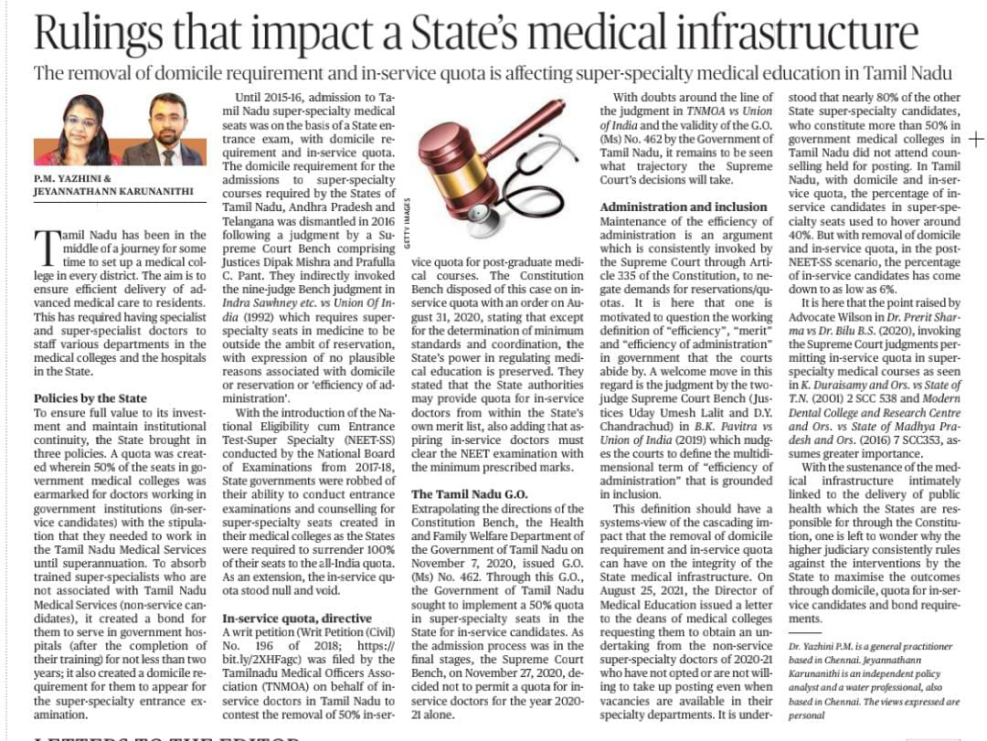 yazhini_pm's tweet image. My piece in @the_hindu with @jeyankaruna on why state interventions (domicile & in-service quota) in super speciality seats of State Medical Colleges not viewed through maintenance of efficiency of administration & impact of court rulings on medical infra. thehindu.com/opinion/op-ed/…
