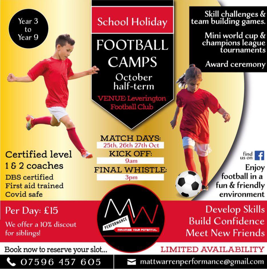October half term football camp. Improve your skills, learn new skills, build friendships and have fun! Check out the details for both camps below. Contact 07596 457 605 for more information or book now to avoid disappointment!