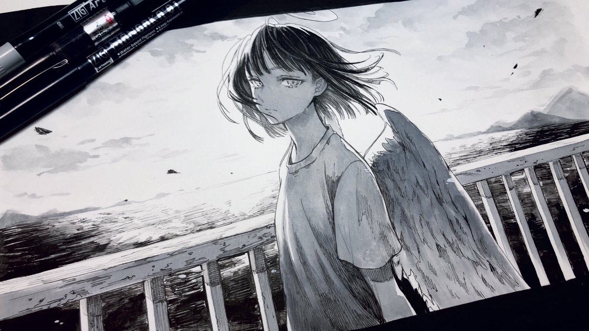 1girl wings solo monochrome looking at viewer feathered wings halo  illustration images