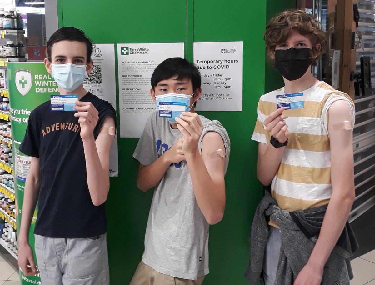 BOOM! 12-15s can get the💉 Today the three of us who run @covidbaseau, Jack, Wesley and Darcy, had our first dose of the Moderna vaccine.🎉 Thought this would be a good time to share who we really are.😄 Thrilled that we will finally be included in our data!