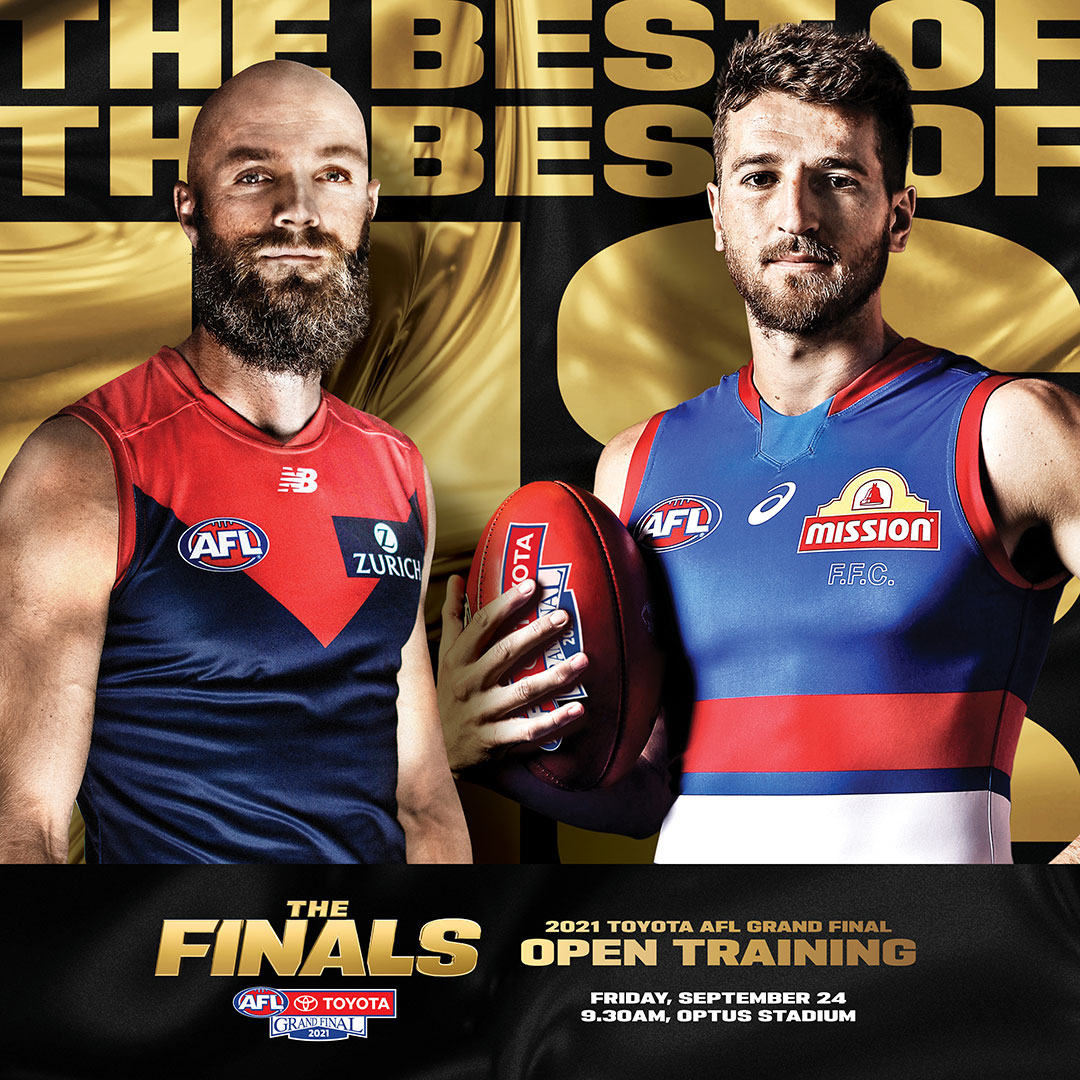 If you missed out on tickets to the AFL Grand Final, it’s not too late to see @melbournefc and the @westernbulldogs go through their paces at tomorrow’s Toyota AFL Grand Final Open Training at @OptusStadium! 🏉 Visit the link to get your FREE tickets! 👇 destinationperth.com.au/events/2021-to…