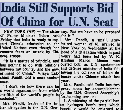 IndiaHistorypic's tweet photo. 1963 :: Vijaya Lakshmi Pandit Said India Supports UN Seat For Mao's China Despite Attack On India https://t.co/MvqmJPOSGZ