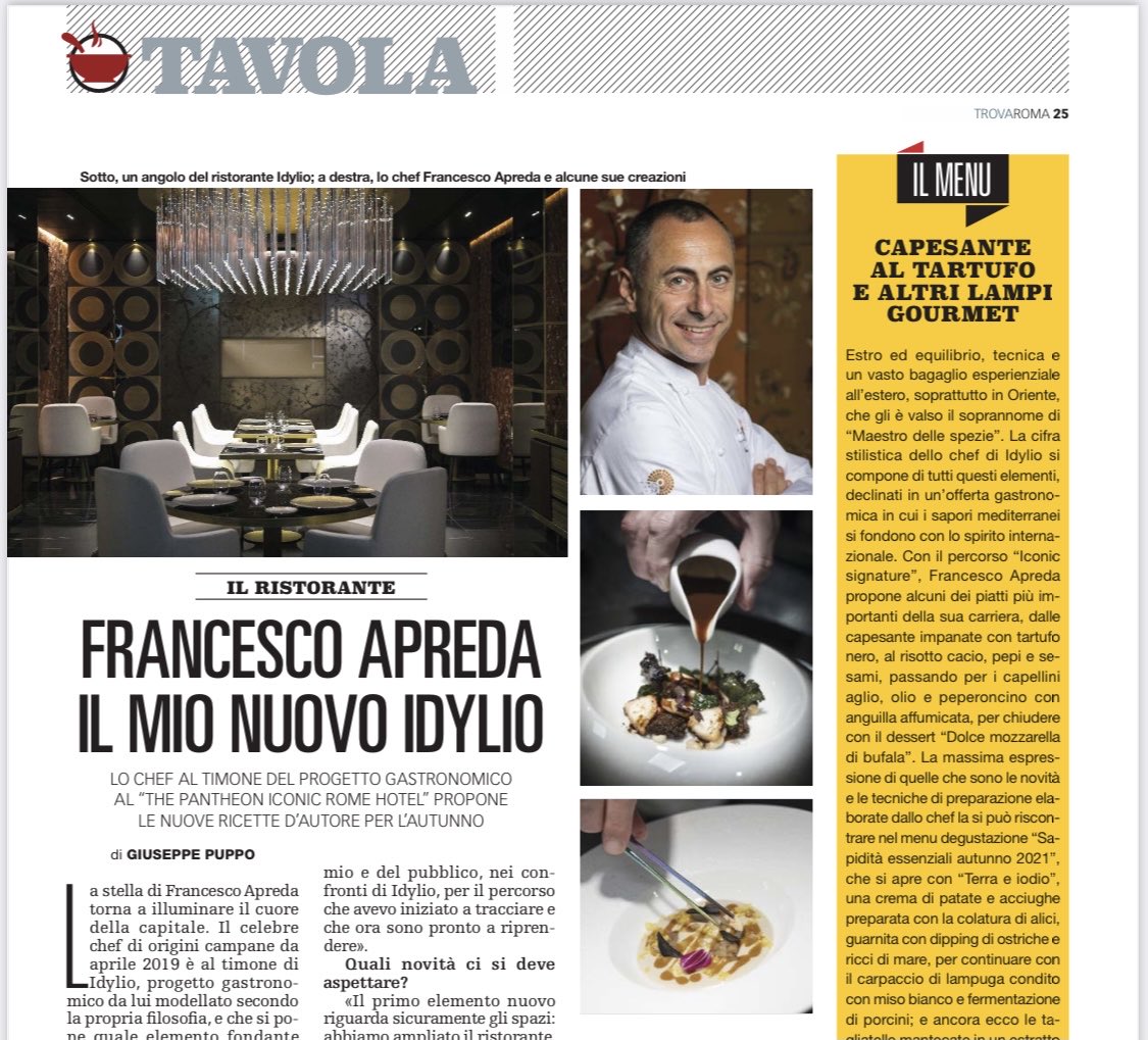 Sul #TrovaRoma di oggi il celebre chef <a href="/FrancescoApreda/">Francesco Apreda</a> parla con @GiPu87 della riapertura post-lockdown del ristorante stellato #Idylio, all’interno del The Pantheon Iconic Rome Hotel, e delle novità nel menu autunnale. In edicola con <a href="/repubblica/">Repubblica</a>.