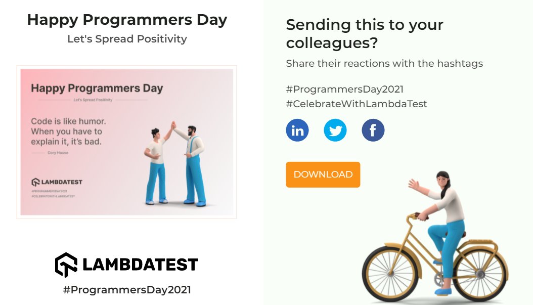 lambdatesting's tweet image. ✅STEP 2 Share it with your passionate programming mates, tag them on social media, and let the world know about their accomplishments.

#ProgrammersDay2021 #CelebrateWithLambdaTest  #LambdaTest #contestalert  #Contest #Developers #programmerslife