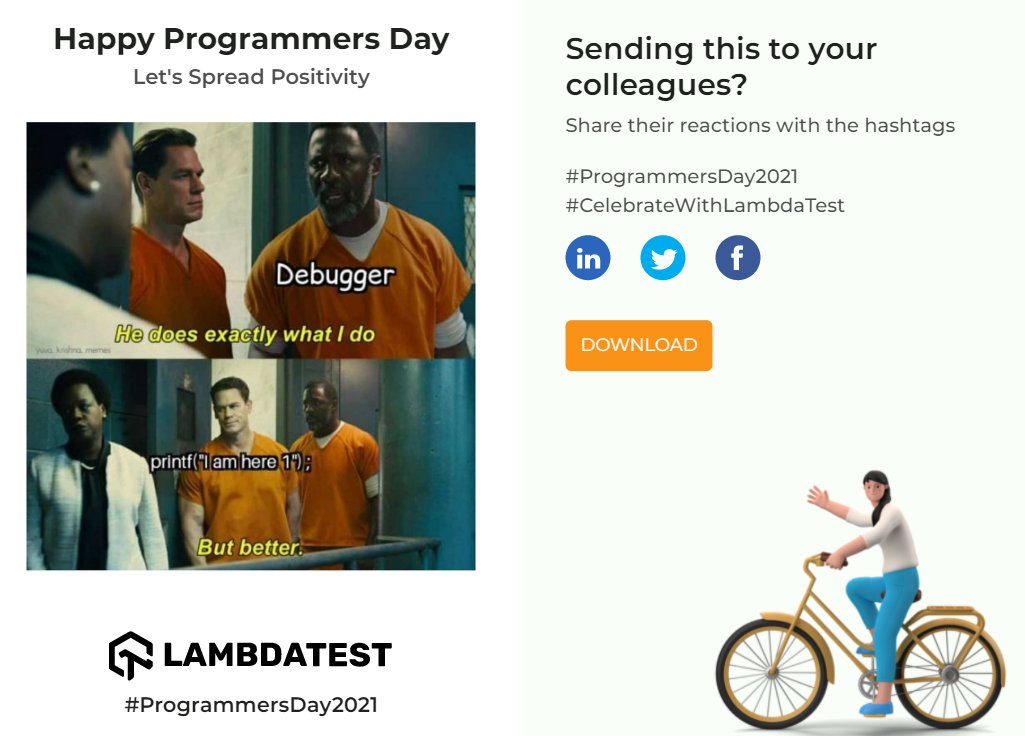 lambdatesting's tweet image. ✅STEP 2 Share it with your passionate programming mates, tag them on social media, and let the world know about their accomplishments.

#ProgrammersDay2021 #CelebrateWithLambdaTest  #LambdaTest #contestalert  #Contest #Developers #programmerslife