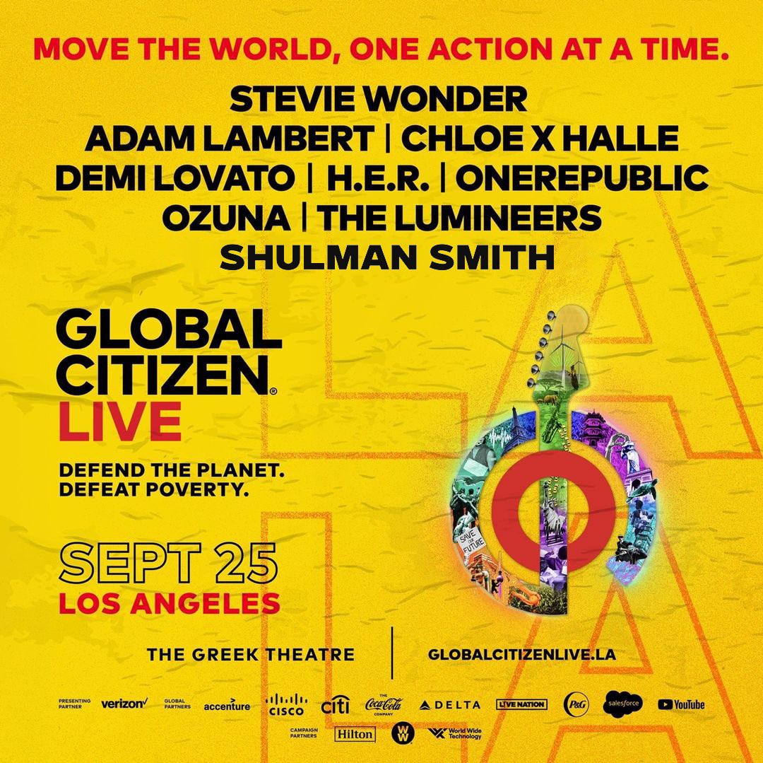 shulmansmith's tweet image. Beyond excited to join these artists in LA as part of Global Citizen’s 24 hour worldwide show. We will do our tiny part to support: vaccination availability, anti-starvation initiatives, women’s healthcare, and planting 1 billion new trees.