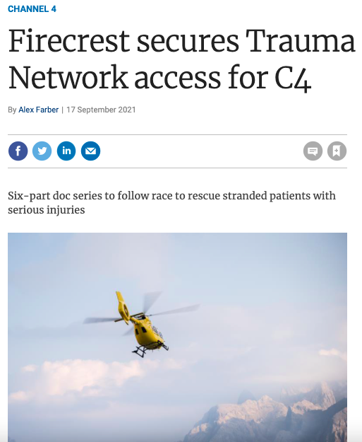 Screenshot of headline: Firecrest Secures Trauma Network access for C4; six-part doc series to follow race to rescue stranded patients with serious injuries
photo of Scottish Ambulance Service helicopter with scenic mountain in background
