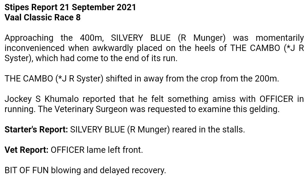 NHASouthAfrica's tweet photo. This excerpt is from the #StipesReport for Race 8 at the #Vaal on 21 September 2021 https://t.co/tgEmFQ2K94