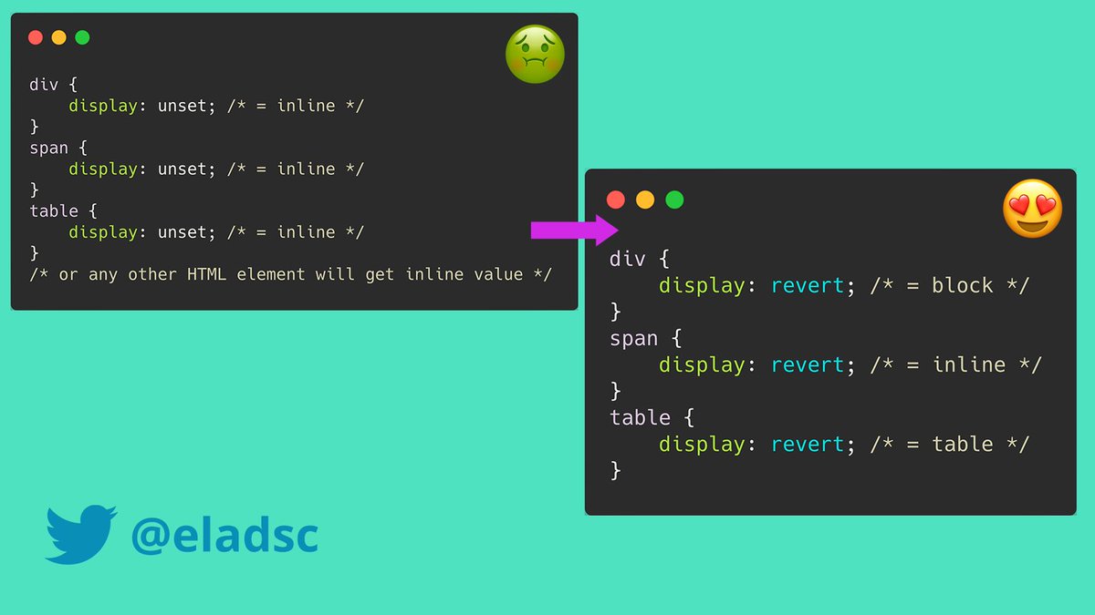 When we want to reset the 'display' property in #CSS, in most cases is better to use the 'revert' value instead of the 'unset' value. More about the CSS reset keywords: elad.medium.com/how-does-css-w…