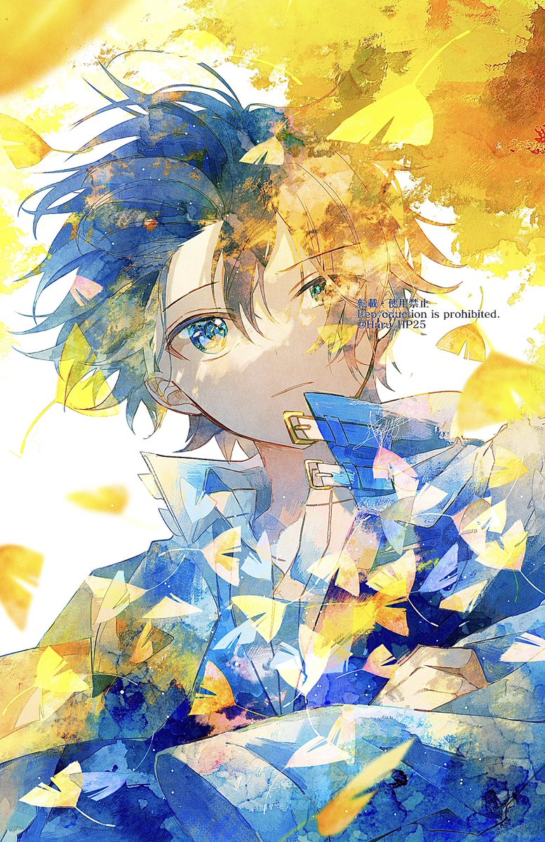 1boy male focus solo ginkgo leaf blue eyes jacket upper body  illustration images