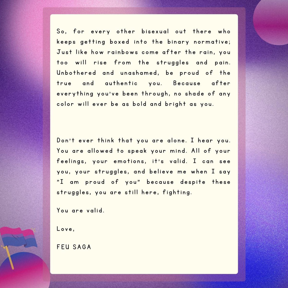 TheFEUSAGA's tweet photo. Happy Bisexual Visibility Day! Bi the way, always remember that you are seen, understood, loved, and valid.

#BiPride
#BisexualVisibilityDay
#BisexualityAwarenessWeek
#SOGIEEqualityNow https://t.co/LsbstmqfyY