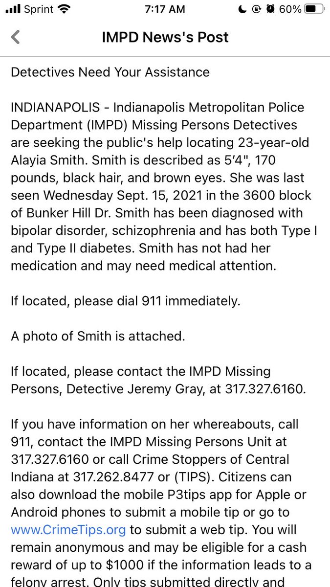 disbeatis's tweet photo. (INDIANAPOLIS, IN)
23-year-old Alayia Smith is MISSING. Smith is described as 5’4", 170 lbs, black hair, and brown eyes. She was last seen Wednesday Sept. 15, 2021 in the 3600 block of Bunker Hill Dr. If located, please dial 911 immediately or Detective Jeremy Gray 317.327.6160 https://t.co/3UYhgnVtyT