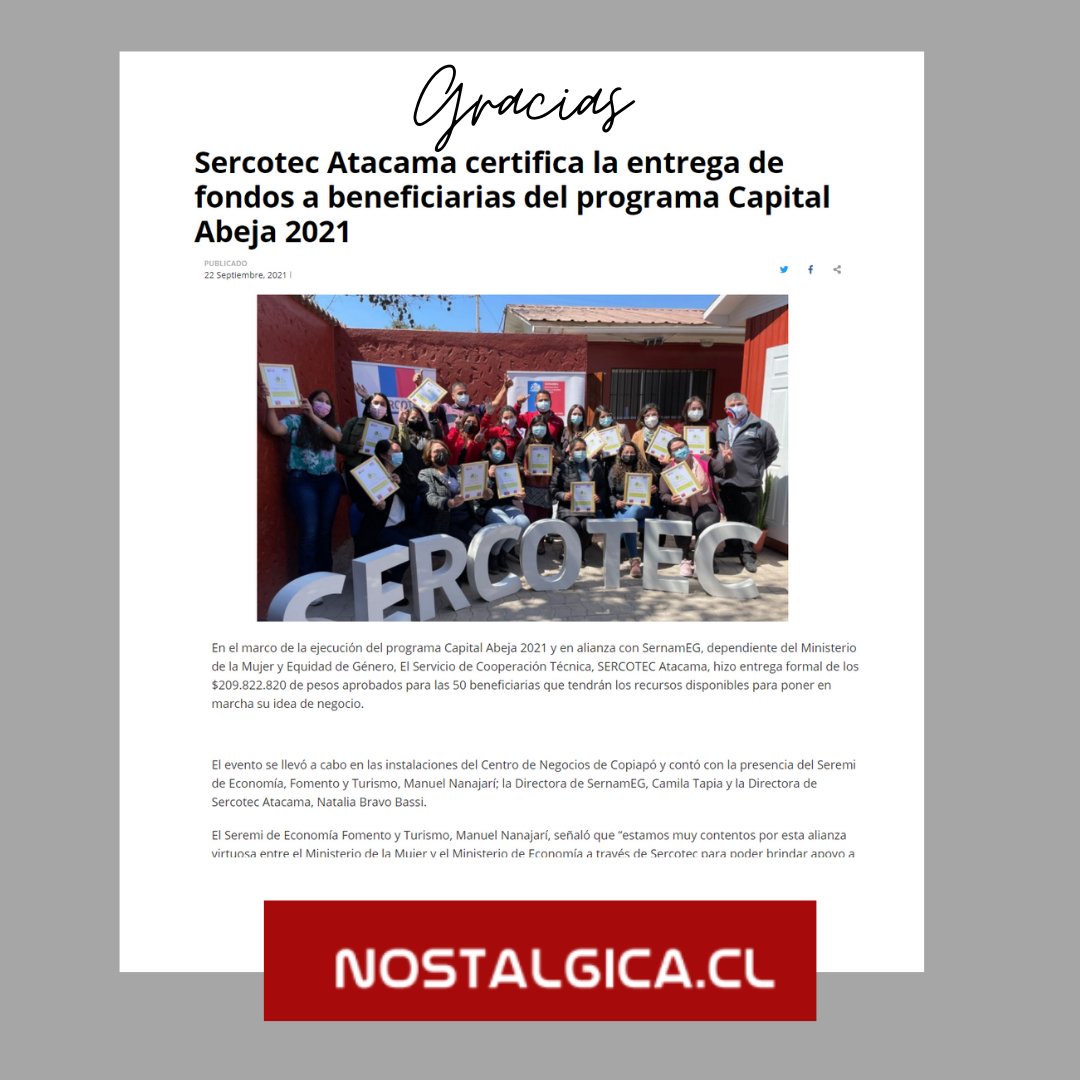 [MEDIOS]  Sercotec #Atacama certifica la entrega de fondos a beneficiarias del programa Capital 🐝 

Gracias a la alianza Sercotec - SernamEG  el programa cuenta con un presupuesto de $209.822.820 .

Gracias a <a href="/RADIONOSTALGICA/">Radio Nostálgica</a>  y  <a href="/chanarcillo/">Diario Chañarcillo</a> por compartir esta noticia 💪