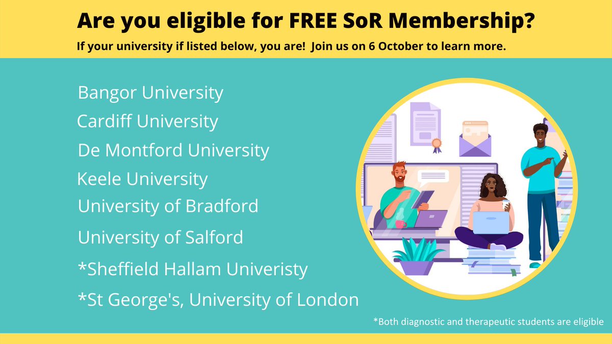 Are you a diagnostic #radstudent at one of these universities? You are eligible for FREE SoR membership!

Join us at The Big Membership event at 7pm on 6 Oct to enhance your #radiography education. Book your free place here 👉 bit.ly/3ACgQv5