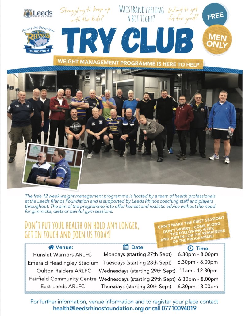 Leeds Rhinos Foundation (@rugbyleeds) on Twitter photo ๐๏ธโโ๏ธ ๐๐๐ ๐๐๐๐ ๐๐ ๐๐๐๐!
Our 12-week Try Club programme returns across #Leeds next week! ๐
Join for FREE today to start making those small changes that make big differences in becoming a healthier version of you!
SIGN UP โก๏ธ bit.ly/2XCGeSK #HealthyRhinos ๐๏ธโโ๏ธ ๐๐๐ ๐๐๐๐ ๐๐ ๐๐๐๐!
Our 12-week Try Club programme returns across #Leeds next week! ๐
Join for FREE today to start making those small changes that make big differences in becoming a healthier version of you!
SIGN UP โก๏ธ bit.ly/2XCGeSK #HealthyRhinos