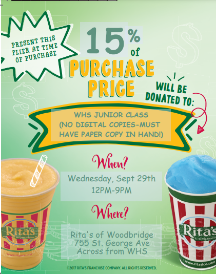 Please join the Junior Class for a fundraiser at Rita's Italian Ice across from the high school on 9.29.21. You must have a physical flier. Please see Mr. O'Halloran or a Junior Class Officer for details. #WeAreBarrons