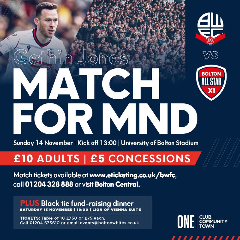 OfficialBWFC's tweet photo. 💙 Gethin Jones: Match for MND.

Wanderers are to stage a special charity match and black-tie dinner to help raise funds for the treatment of defender Gethin Jones' mother Karen.

#BWFC 🐘🏰