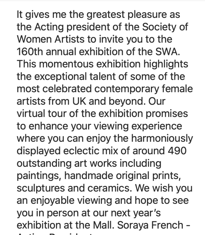 SWAinfo's tweet image. Soraya French, Acting President of the SWA welcomes you to the opening of our 160th Annual Exhibition, now open to view online. onlinegalleryswa160.oess1.uk
@sorayafench 
#swaonline2021 #contemporaryart #sculpture #painting #ceramics #textileart #printmaking #collage #womenartists