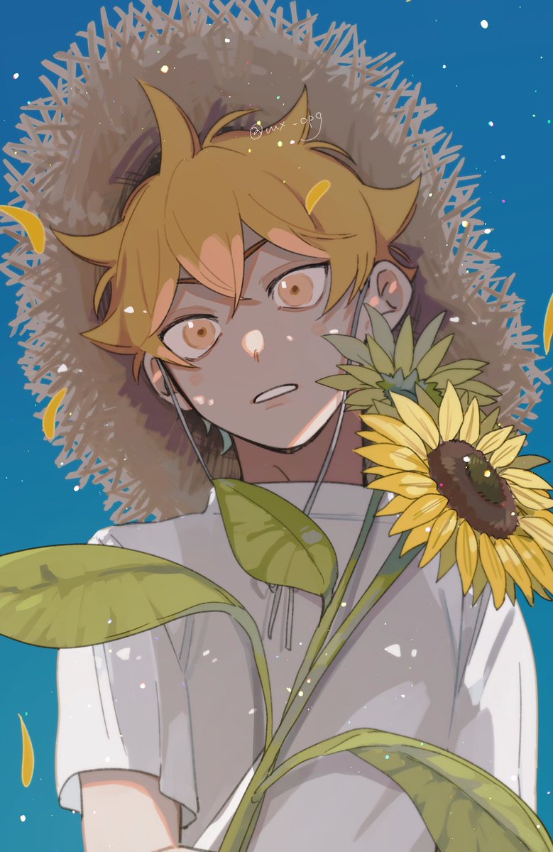 1boy sunflower flower male focus hat blonde hair straw hat  illustration images