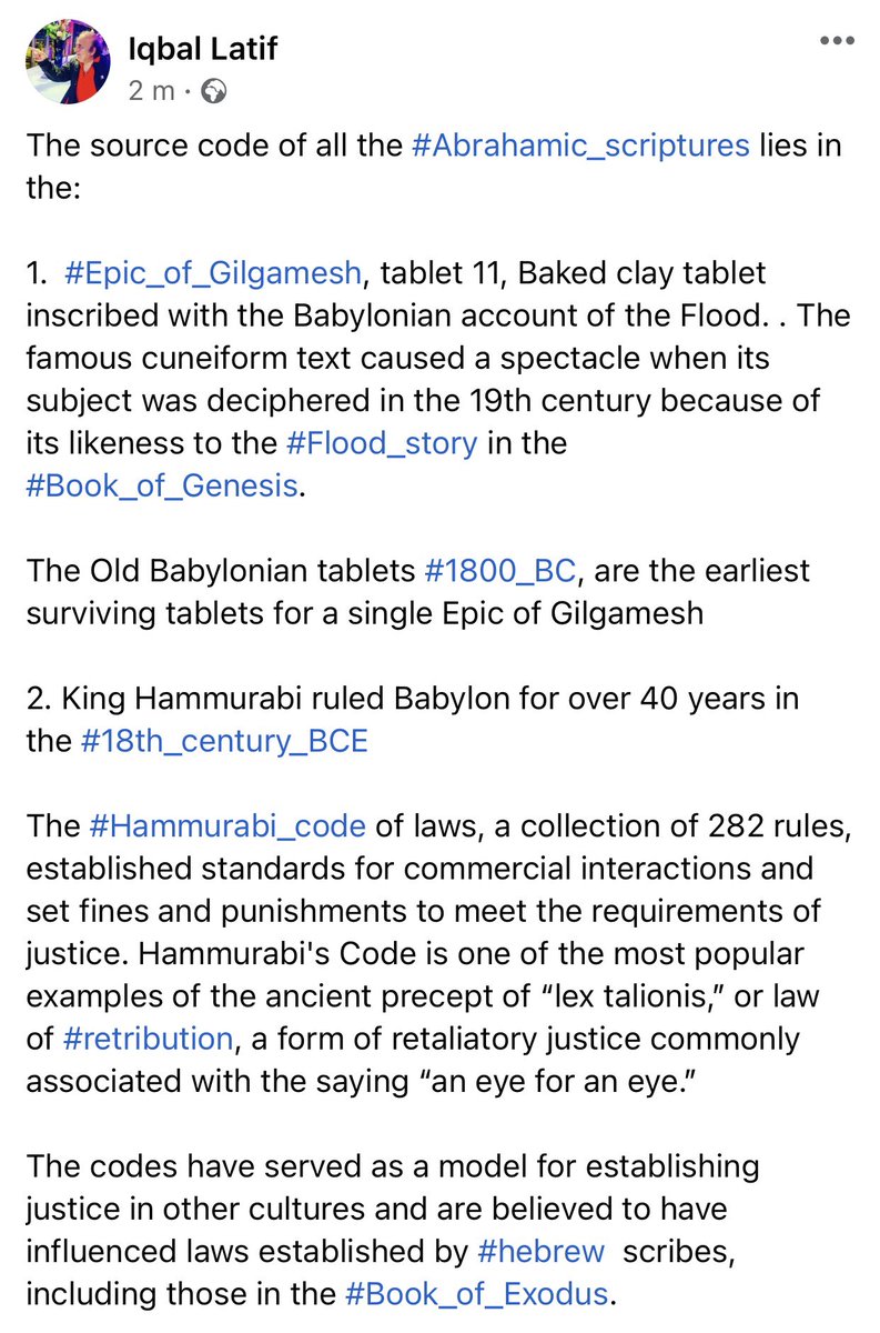 ilatif's tweet photo. The source code of all the #Abrahamic_scriptures lies in the:
1. #Epic_of_Gilgamesh, a Babylonian account of the Flood similarity with the #Floods in the #Book_of_Genesis is eye-popping.
2. #Hammurabi_code #1800BC was a model for #Hebrew_scribes for laws of #Book_of_Exodus. https://t.co/dWIopBriPZ